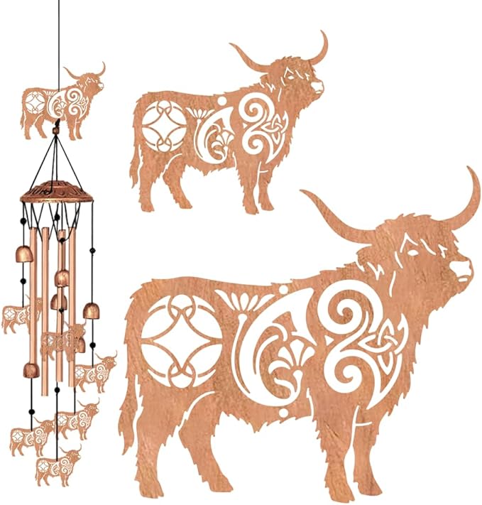 Highland Cow Style Metal Wind Chimes for Outside, Hanging Waterproof Aluminum Windchimes with Hook for Outdoor Garden Patio Porch Decor, 33“ Memorial Wind Chimes Friendship Gifts for Women