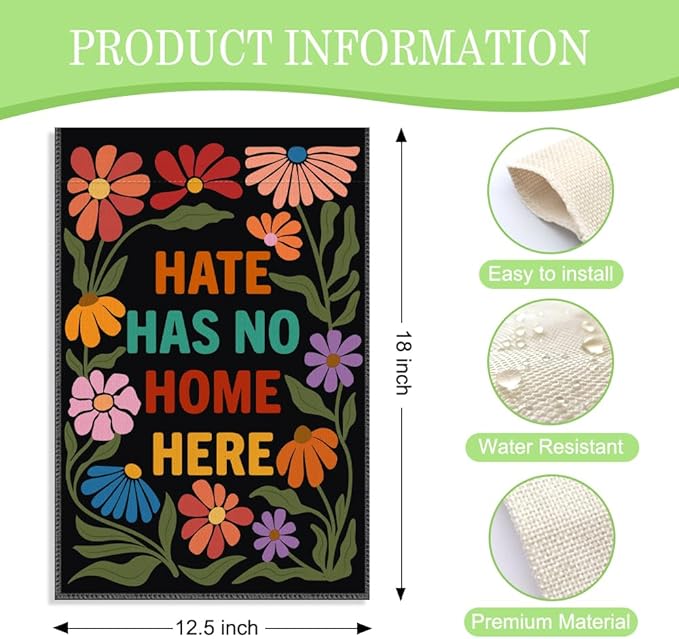 Hate Has No Home Here Black Garden Flag, 12 x 18 Inch Double Sided Protest Themed Decor Flag for Outdoor Garden Yard Porch, Social Justice Gifts for Equality Supporter, Diversity Welcome Sign