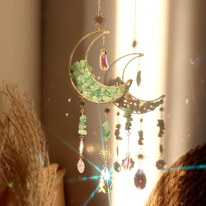 Crystal Suncatcher Hanging Moon Sun Light Catcher with Glass Prisms for Window Natural Green Quartz Decor Home Indoor Making Rainbows