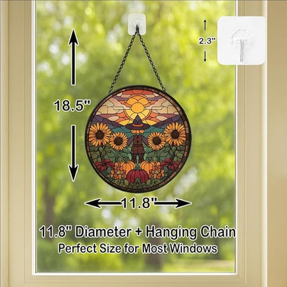 Stained Glass Window Hanging Scarecrow Sunflower and Pumpkin Sun Catchers Panel for Indoor Decorative Display for Mom, Wife, Lovers, Festive