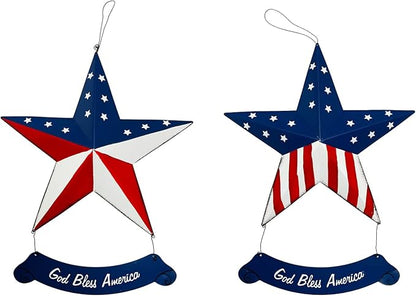 Rustic Metal 3D Barn Americana Stars Patriotic Wall Decoration American Flag Wall Star July 4th Country Americana USA Star with God Bless America Sign