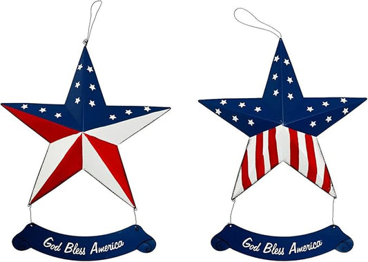 Rustic Metal 3D Barn Americana Stars Patriotic Wall Decoration American Flag Wall Star July 4th Country Americana USA Star with God Bless America Sign