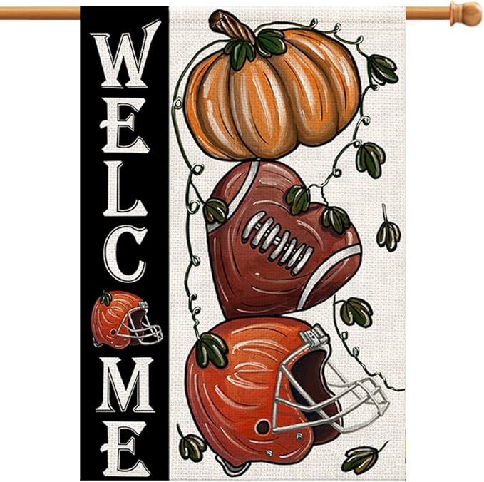 Fall Football Welcome House Flags 28x40 Inch Double Sided, Pumpkin Autumn Sports Game Day Sign Thanksgiving Seasonal Yard Outside Decor DF330-28
