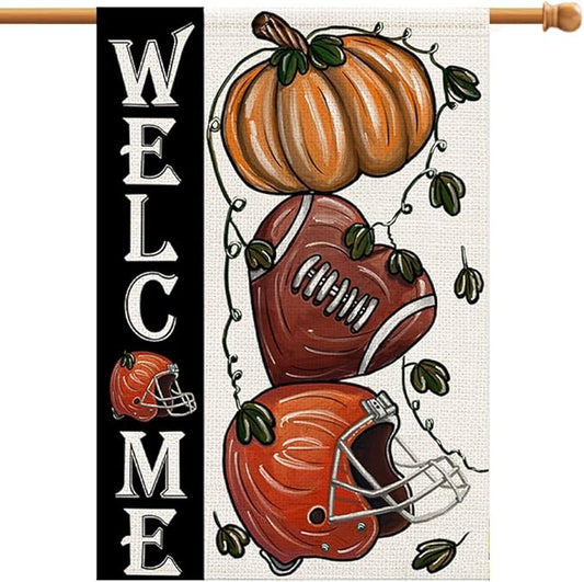 Fall Football Welcome House Flags 28x40 Inch Double Sided, Pumpkin Autumn Sports Game Day Sign Thanksgiving Seasonal Yard Outside Decor DF330-28