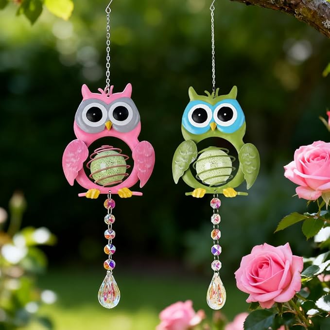 Garden Suncatcher, 2 Pack Hanging Owl Suncatchers with Rainbow Maker Crystal, Hand-Painted Metal Sun Catchers Indoor Window for Garden, Patio, Balcony, Indoor Window