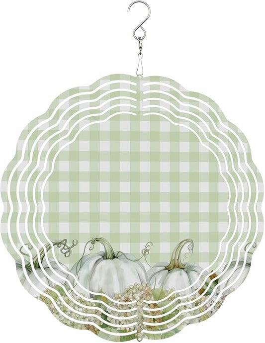 Stainless Steel Wind Spinner for Yard Garden Decoration, Pumpkin Green Hydrangea Plaid Botanical Fall Round Wind Sculpture Spinner 3D Crafts Hanging Ornaments for Indoor Outdoor, 8 Inch