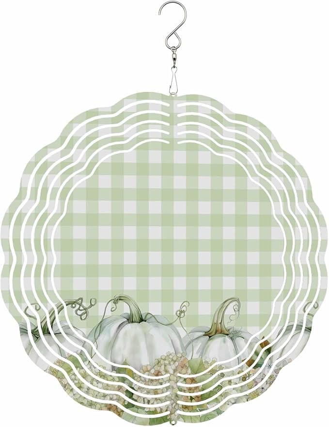Stainless Steel Wind Spinner for Yard Garden Decoration, Pumpkin Green Hydrangea Plaid Botanical Fall Round Wind Sculpture Spinner 3D Crafts Hanging Ornaments for Indoor Outdoor, 8 Inch