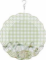 Stainless Steel Wind Spinner for Yard Garden Decoration, Pumpkin Green Hydrangea Plaid Botanical Fall Round Wind Sculpture Spinner 3D Crafts Hanging Ornaments for Indoor Outdoor, 8 Inch