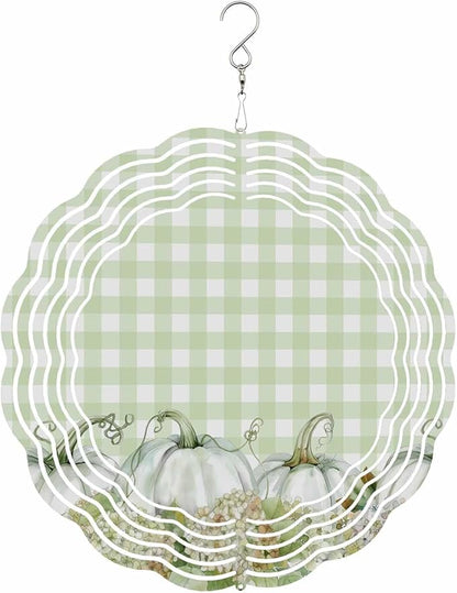 Stainless Steel Wind Spinner for Yard Garden Decoration, Pumpkin Green Hydrangea Plaid Botanical Fall Round Wind Sculpture Spinner 3D Crafts Hanging Ornaments for Indoor Outdoor, 8 Inch
