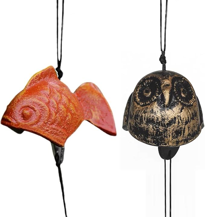 Set of 2, Japanese Bless Small Wind Chimes Outdoor, Iwachu Cast Iron Lucky Temple Wind Bell Memorial and Sympathy Wind Chimes for Outside Good Luck for Garden, Patio, Balcony (Goldfish and owl)