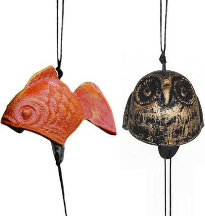 Set of 2, Japanese Bless Small Wind Chimes Outdoor, Iwachu Cast Iron Lucky Temple Wind Bell Memorial and Sympathy Wind Chimes for Outside Good Luck for Garden, Patio, Balcony (Goldfish and owl)