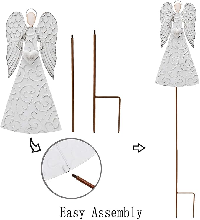 E-view Metal Angel Garden Stakes Antiqued Decorative Angel Stake with Heart - Outdoor Iron Lawn Art Yard Sign Patio Backyard Decor (1 Piece)