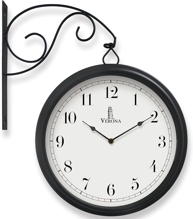 Large Metal Double Sided Wall Clock 13.4" - Decorative Indoor Outdoor Double Sided Clock - Easy to Read, Hanging Train Station Style for Patio, Garden, Office - Antique Style Outside Corner Wall Decor
