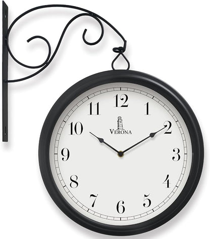 Large Metal Double Sided Wall Clock 13.4" - Decorative Indoor Outdoor Double Sided Clock - Easy to Read, Hanging Train Station Style for Patio, Garden, Office - Antique Style Outside Corner Wall Decor