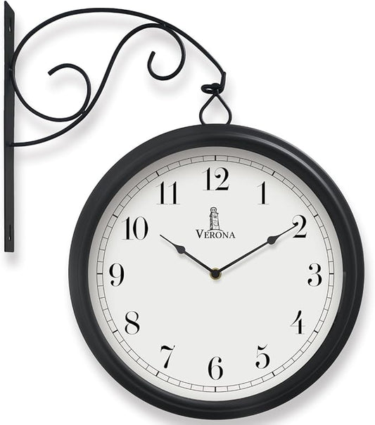 Large Metal Double Sided Wall Clock 13.4" - Decorative Indoor Outdoor Double Sided Clock - Easy to Read, Hanging Train Station Style for Patio, Garden, Office - Antique Style Outside Corner Wall Decor