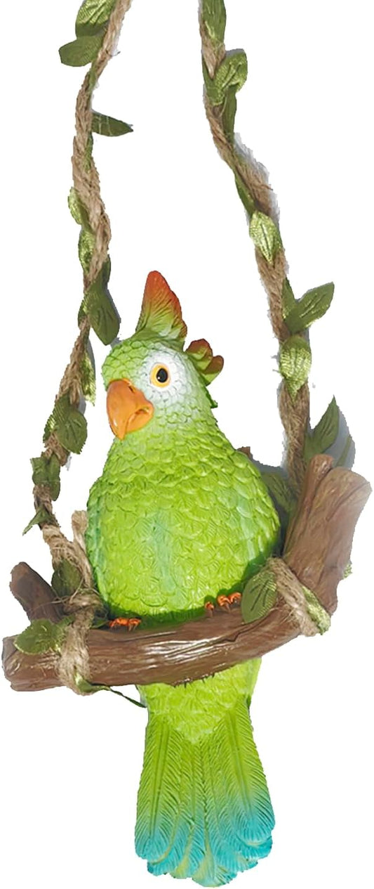 Garden Decor Resin Parrot，Hanging Yard Decor ，Parrot On A Swing Gardening，Outdoor Tree Ornaments Resin Bird for Patio, Lawn, Gardens, Balconies, Indoor and Outdoor Spaces