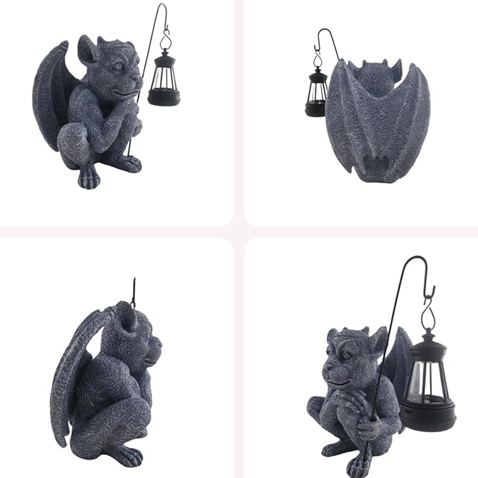 AKV Solar Gargoyle Statues Outdoor with Light, Funny Gothic Garden Decor, 8.26 inch Sitting Winged Gargoyle Sculpture for Yard Patio Lawn Ornament Decorations, Handmade Resin Garden Trolls Figurines