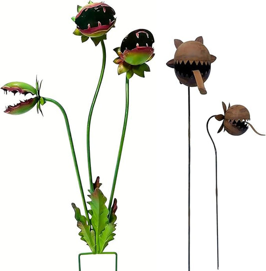 Whimsical Metal Carnivorous Plant Garden Stake, 25-Inch Large Funny Outdoor Yard Decor, Carnivorous Plant Garden Stake, for Lawn Garden Patio Halloween Gothic Yard Decoration (2Pcs Mix)