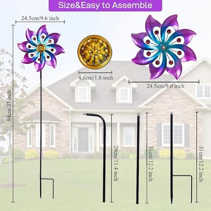 VEWOGARDEN Garden Metal Flower Wind Spinners Outdoor, Kinetic Wind Sculptures & Spinners for Yard Lawn Patio Decorations, Blue & Purple
