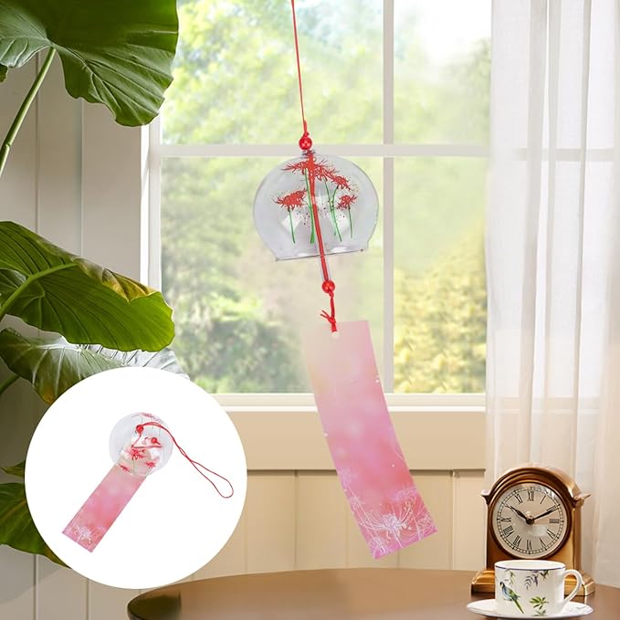 PartyKindom Japanese Glass Wind Chime - Hand-Painted Furin Bell for Outdoor Garden, Patio and Home Decor - Aesthetic Zen Hanging Ornament for Summer Festival, Cherry Blossom Pattern