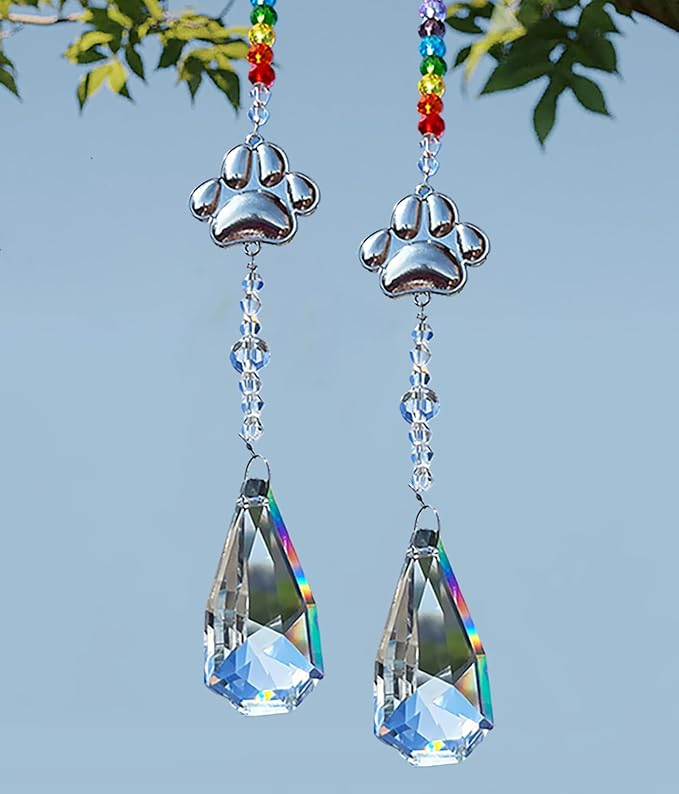 Dog Paw Prints Sun Catcher Pet Memorial Gifts Crystals Prisms Dog Remembrance Pet Sympathy Gift Hanging Window Garden Yard Tree Decor Wind Chime Rainbow Maker Suncatcher (2pcs Leaf)
