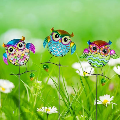 Decorative Garden Stakes,Set of 3 Owl Stained Glass Metal Yard Art Outdoor,Waterproof Spring Garden Stakes Decorative for Lawn Patio Pathway