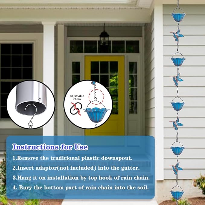 13.4FT Rain Chain, Hummingbird Rain Chains for Outside, Copper Rain Chain Bell with 12 Cups, Decorative Rain Catcher Chain Replacement Downspout for Gutters