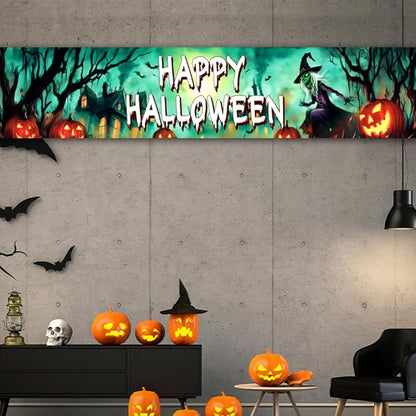 Happy Halloween Banner Large 120 x20 Inch Green Yard Sign Banner Flag Scary Halloween Party Hanging Decorations for Outdoor Fence Garage Garden Porch Holiday Backdrop Decor