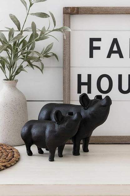 NACH Cast Iron Pig Statue - Black Door Stopper/Paperweight, Rustic Garden Decor, 9.2x3.7x5.9 Inch, Black Head Up Pig
