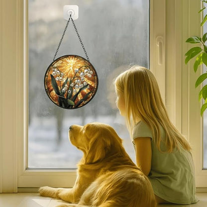Stained Glass Window Hanging Lily of The Valley with Sunburst 11.8in Floral Sun Catcher, Vintage Rustic Home Decor