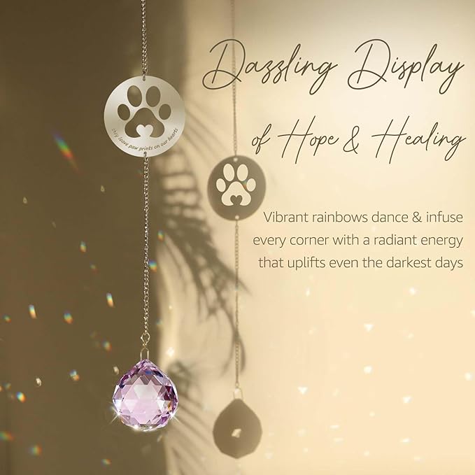 Mooncraftlogy Dog Memorial Gifts, Unique Loss of Pet Sympathy Idea, Pink Crystal Ball Rainbow Suncatcher with Paw Print for Cat or Dog Remembrance and Bereavement