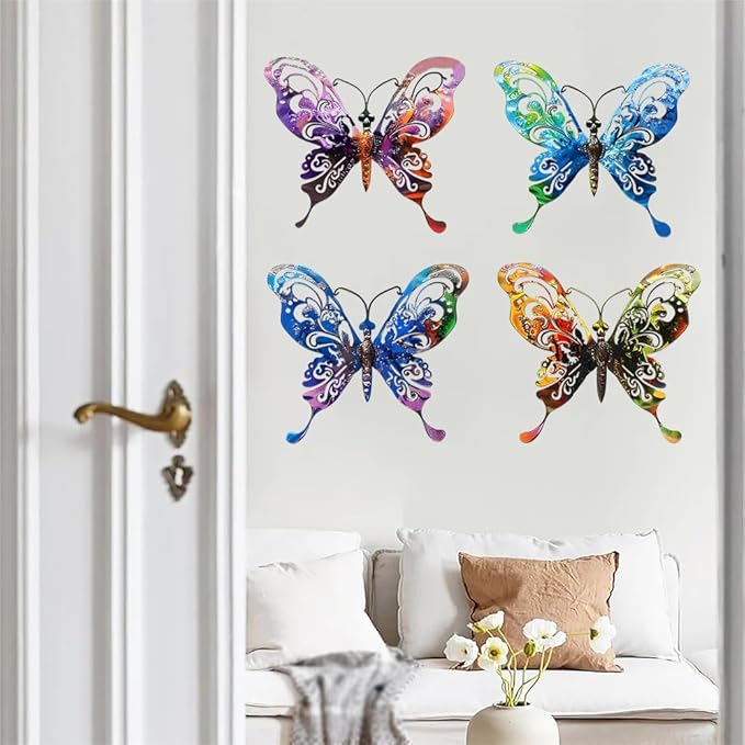 4Pcs Butterfly Metal Sign Wall Art Decor,Set of 4 Colorful Butterflies Ornament Bedroom Hanging Gifts for Birthday Housewarming,Butterfly Decorate for Fence Garden Yard Patio Farmhouse Front Door