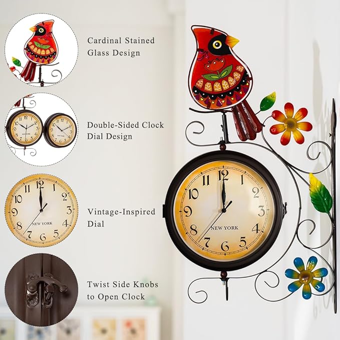 Vintage Indoor Outdoor Clock - Silent Non-Ticking, Double Sided Wall Clock with Cardinal Decor Waterproof for Garden, Patio, Yard, Farmhouse, Home Décor (Red)