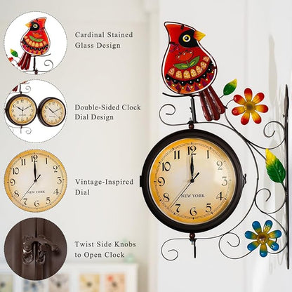 Vintage Indoor Outdoor Clock - Silent Non-Ticking, Double Sided Wall Clock with Cardinal Decor Waterproof for Garden, Patio, Yard, Farmhouse, Home Décor (Red)
