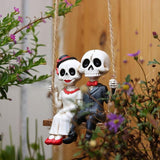 Swing Skeleton Couple Garden Statue Outdoor Halloween Decor, 3.3 Inch Cute Skull Figurine Resin Sculpture Funny Tree Hanging Ornaments for Patio Lawn Yard