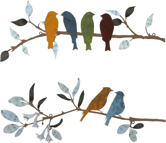 Demissle 2 Pcs Metal Birds Wall Art Decor Vivid Birds on Branch with Leaves Rustic Wall Decor Waterproof Metal Sculpture Hanging Sign for Home Balcony Garden Indoor Outdoor(Stylish Colors)