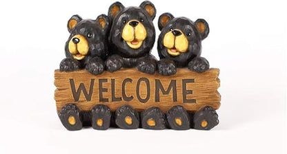 Bear Family Holding Welcome Sign Outdoor Garden Statue - 14.5" - Black