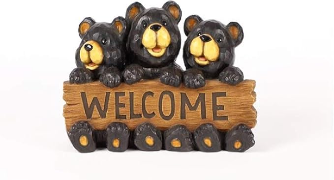 Bear Family Holding Welcome Sign Outdoor Garden Statue - 14.5" - Black