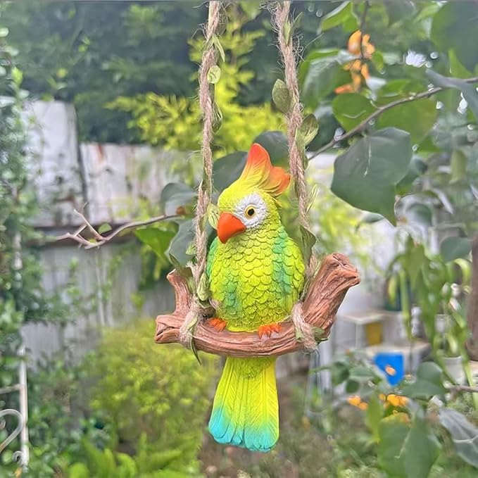 Garden Decor Resin Parrot，Hanging Yard Decor ，Parrot On A Swing Gardening，Outdoor Tree Ornaments Resin Bird for Patio, Lawn, Gardens, Balconies, Indoor and Outdoor Spaces