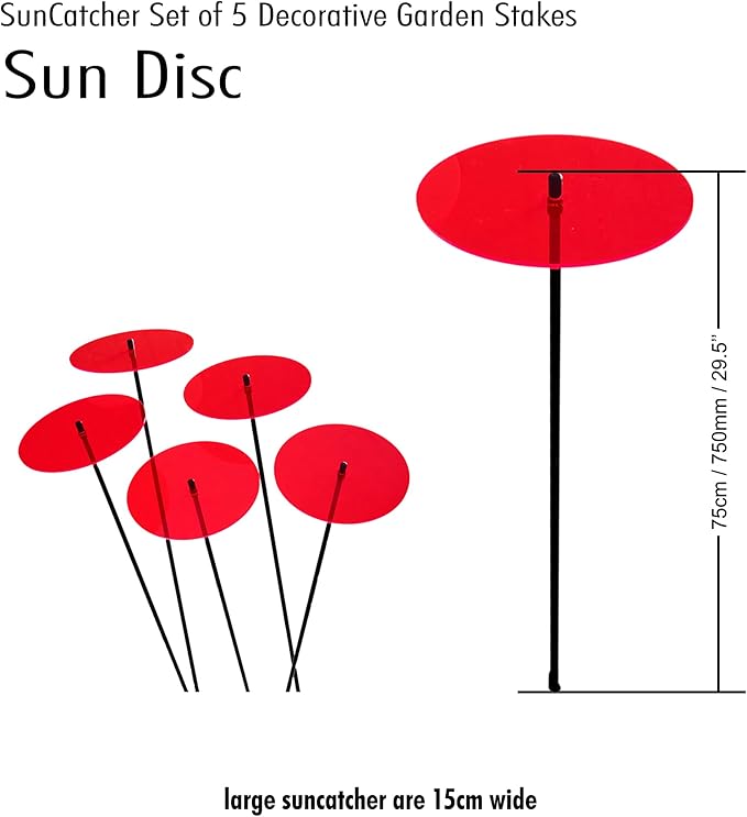 Sun Discs Set of 5 Sun Catcher Garden Decor Large Glowing Ornamental Garden Stakes 75cm, 29.5 inch high Outdoor Yard Gift for Gardeners, Colour:Fluorescent Red
