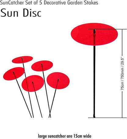 Sun Discs Set of 5 Sun Catcher Garden Decor Large Glowing Ornamental Garden Stakes 75cm, 29.5 inch high Outdoor Yard Gift for Gardeners, Colour:Fluorescent Red