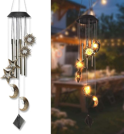 Solar Wind Chimes for Outside, Waterproof Hanging Sun and Moon Wind Chimes for Outside， Balcony Patio Garden Decoration, Gift for Loved Ones Friends and Neighbors(Sun Moon Star)