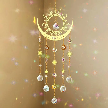 Artilady Sun and Moon Suncatcher - Large Crystal Wind Chimes for Outside Stained Glass Window Hanging Prisms Garden Backyard Ceiling Room Decor Christmas Housewarming Birthday Gift for Girls