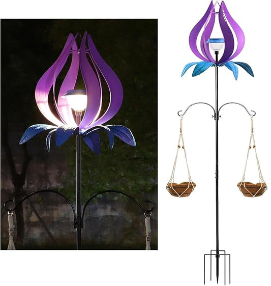 Multifunction Solar Wind Spinner Outdoor with Shepherd Hooks MANORTANG 83 Inch Valentine Metal Large Landscape Light Double Coconut Basket LED Windmill Outdoor Decoration for Yard Patios (Purple)