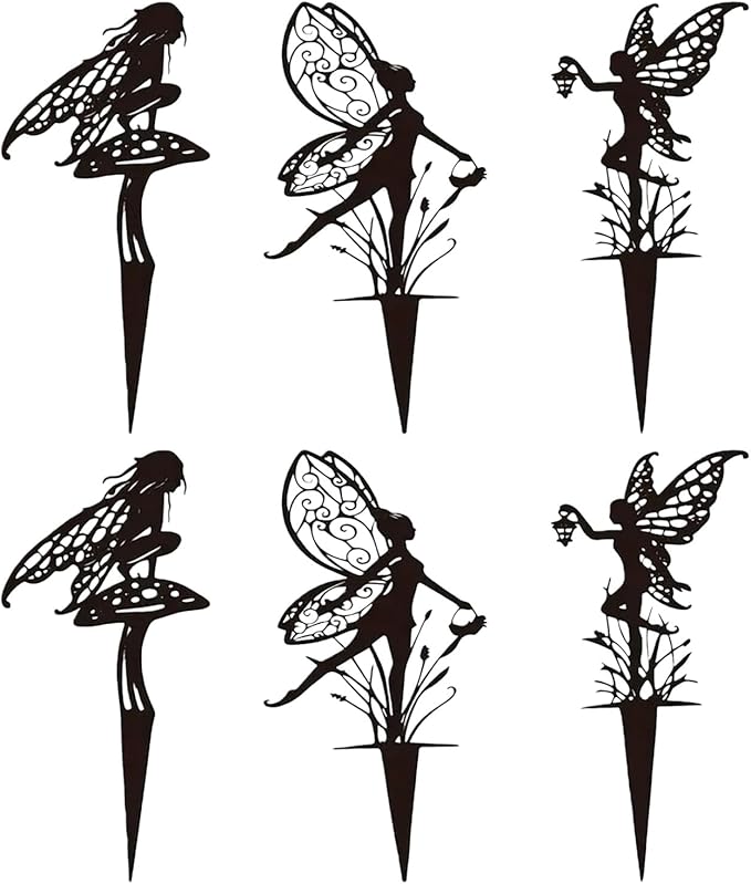 6-Piece Decorative Garden Stakes，Garden Decoration, Metal Flower Fairy，Fairy Garden Decor