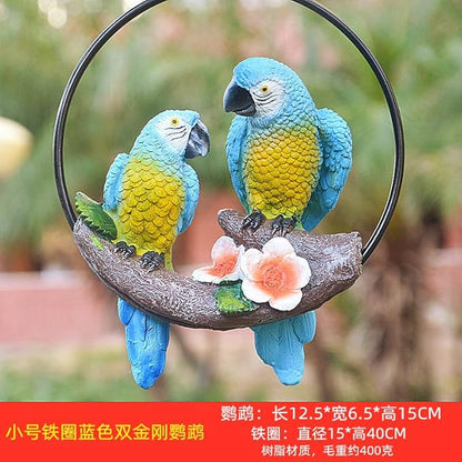Mini Garden Statues Hanging Iron Ring Parrots, Resin Parrot Hanging Statue, Hanging Birds Figurine for Pathways Yard Patio Office Home Indoor Outdoor Tree Decorations (B-3)