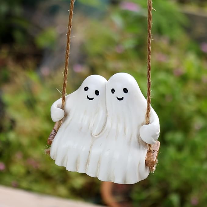 Swing Ghost Couple Garden Statue Outdoor Halloween Decor, 3.1 Inch Cute Ghost Figurine Resin Sculpture Funny Tree Hanging Ornaments for Patio Lawn Yard