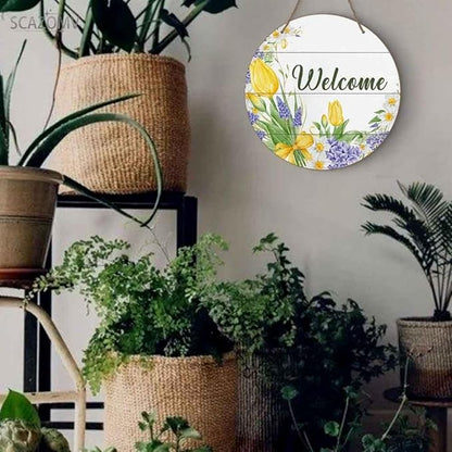 Round Rustic Wood Sign Plaque Welcome Tulip Flower Hand-Painted Vintage Wall Art Cute Wooden Hanging Sign Decor for Home Kitchen Farmhouse Garden Front Door Entryway Porch Yard 12 Inch