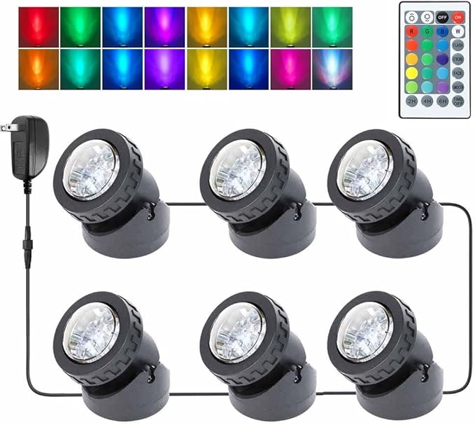 Pond Lights with Timer, Submersible Fountain Lights Colored Underwater LED IP68 Waterproof Memory Dimmable Outdoor Spotlights for Pond Fountain Waterfall Water Landscape, 6 Lights