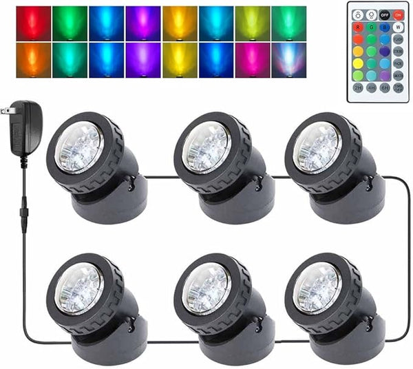 Pond Lights with Timer, Submersible Fountain Lights Colored Underwater LED IP68 Waterproof Memory Dimmable Outdoor Spotlights for Pond Fountain Waterfall Water Landscape, 6 Lights